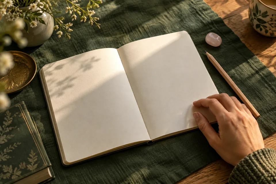 Otwarty notes, ołówek i kwarc różowy na zielonym lnie; dłoń przy pustej stronie.